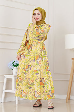 Etnik Desenli Kuşaklı Prenses Elbise-Sarı