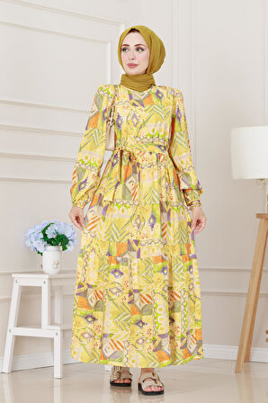 Etnik Desenli Kuşaklı Prenses Elbise-Sarı