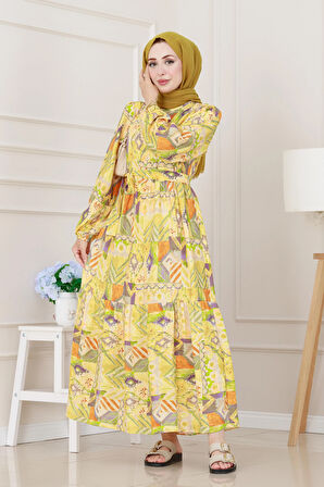 Etnik Desenli Kuşaklı Prenses Elbise-Sarı