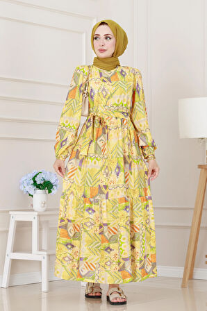 Etnik Desenli Kuşaklı Prenses Elbise-Sarı