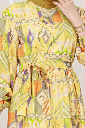 Etnik Desenli Kuşaklı Prenses Elbise-Sarı