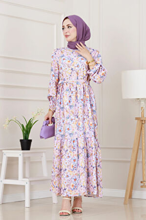 Çiçekli Kumsal Elbise-Mor