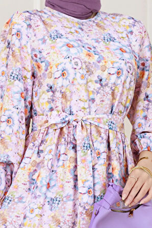 Çiçekli Kumsal Elbise-Mor