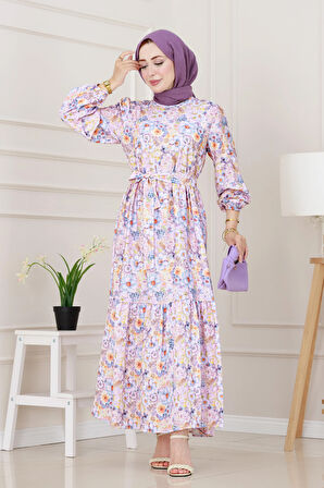 Çiçekli Kumsal Elbise-Mor