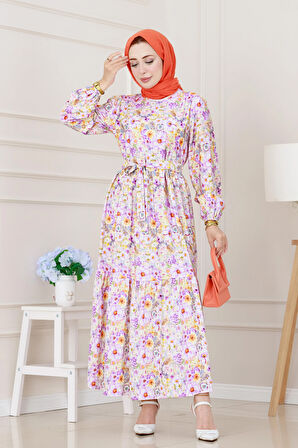 Çiçekli Kumsal Elbise-Lila