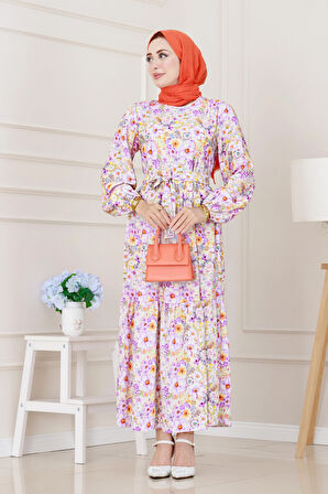 Çiçekli Kumsal Elbise-Lila