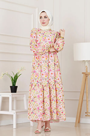 Çiçekli Kumsal Elbise-Pembe