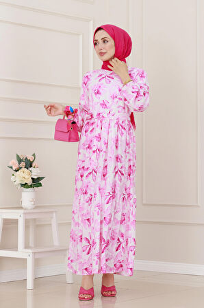 Yarım Düğmeli Lotus Elbise-Pembe
