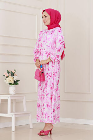 Yarım Düğmeli Lotus Elbise-Pembe