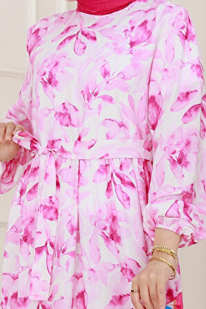 Yarım Düğmeli Lotus Elbise-Pembe