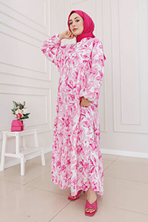 Kuşaklı Çiçekli Lina Elbise-Pembe