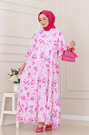 Kuşaklı Çiçekli Lina Elbise-Pembe