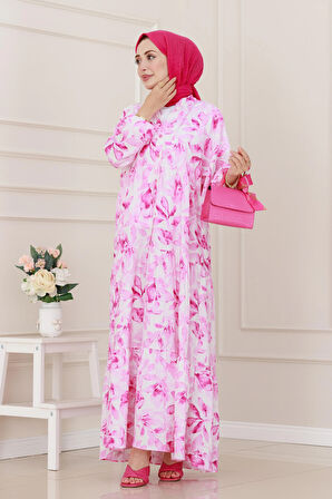Kuşaklı Çiçekli Lina Elbise-Pembe