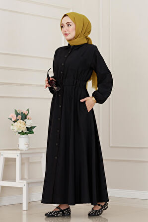 Beli Lastikli Cepli Yasmin Elbise-Siyah