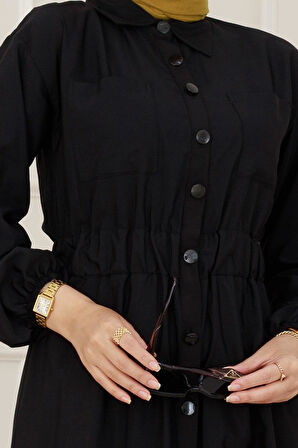 Beli Lastikli Cepli Yasmin Elbise-Siyah