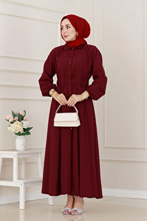 Beli Lastikli Cepli Yasmin Elbise-Bordo
