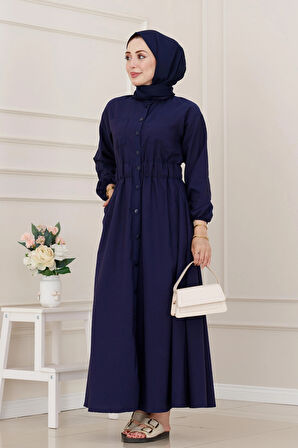 Beli Lastikli Cepli Yasmin Elbise-Lacivert