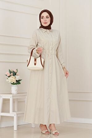 Beli Lastikli Cepli Yasmin Elbise-Bej