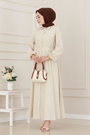 Beli Lastikli Cepli Yasmin Elbise-Bej