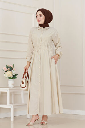 Beli Lastikli Cepli Yasmin Elbise-Bej