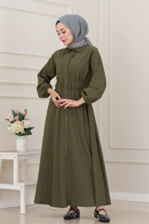 Beli Lastikli Cepli Yasmin Elbise-Haki
