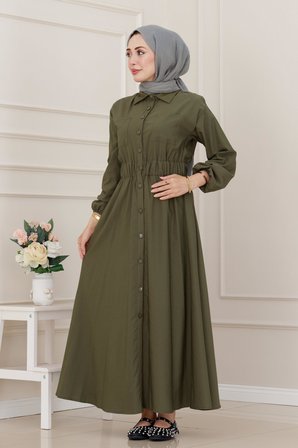 Beli Lastikli Cepli Yasmin Elbise-Haki