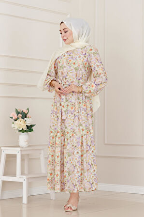 Çiçekli Kumsal Elbise-Kahverengi