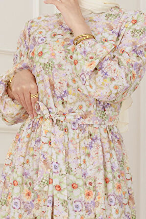 Çiçekli Kumsal Elbise-Kahverengi