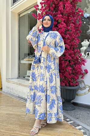 Mimoza Desenli Yarım Düğmeli Robalı Elbise-Mavi