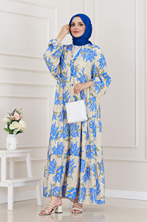 Mimoza Desenli Yarım Düğmeli Robalı Elbise-Mavi