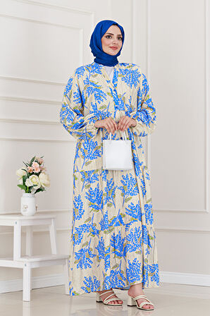 Mimoza Desenli Yarım Düğmeli Robalı Elbise-Mavi