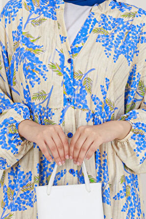 Mimoza Desenli Yarım Düğmeli Robalı Elbise-Mavi