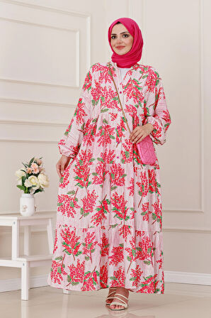 Mimoza Desenli Yarım Düğmeli Robalı Elbise-Fuşya