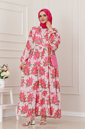 Mimoza Desenli Yarım Düğmeli Robalı Elbise-Fuşya