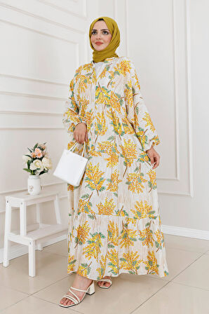 Mimoza Desenli Yarım Düğmeli Robalı Elbise-Sarı