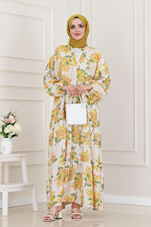 Mimoza Desenli Yarım Düğmeli Robalı Elbise-Sarı