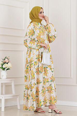 Mimoza Desenli Yarım Düğmeli Robalı Elbise-Sarı