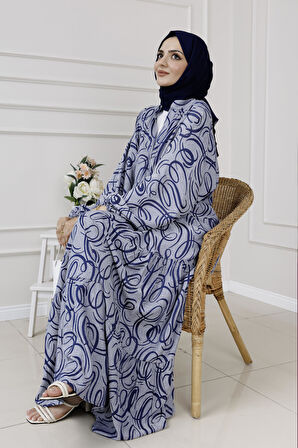 Dalga Desen Robalı Elbise-Lacivert