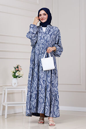 Dalga Desen Robalı Elbise-Lacivert