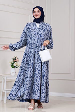 Dalga Desen Robalı Elbise-Lacivert