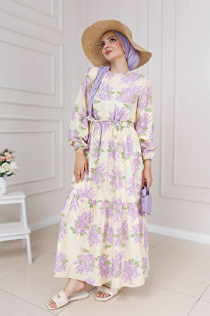 Mimoza Desenli Kuşaklı Prenses Elbise-Lila