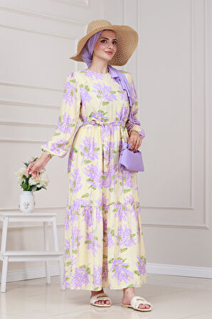 Mimoza Desenli Kuşaklı Prenses Elbise-Lila