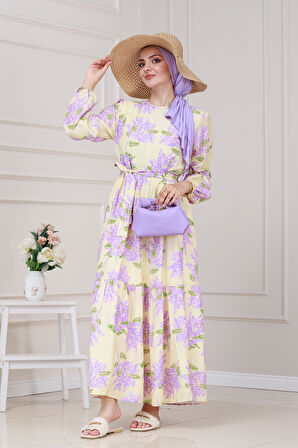 Mimoza Desenli Kuşaklı Prenses Elbise-Lila