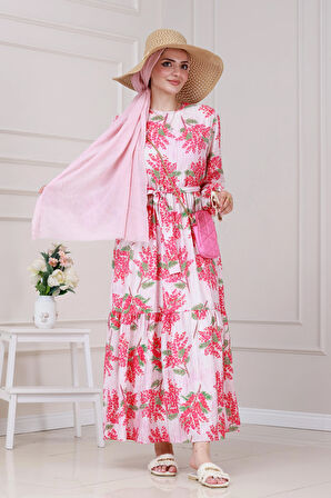 Mimoza Desenli Kuşaklı Prenses Elbise-Fuşya