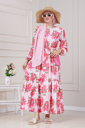 Mimoza Desenli Kuşaklı Prenses Elbise-Fuşya