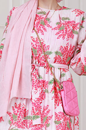 Mimoza Desenli Kuşaklı Prenses Elbise-Fuşya