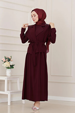 Yeleği Taş Detaylı Tensel Elbise-Bordo