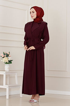 Yeleği Taş Detaylı Tensel Elbise-Bordo