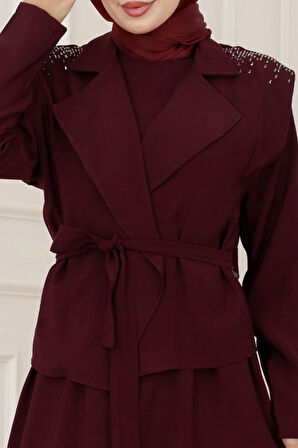 Yeleği Taş Detaylı Tensel Elbise-Bordo