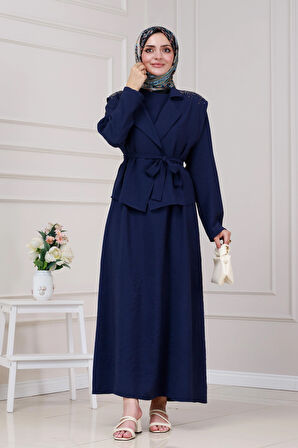 Yeleği Taş Detaylı Tensel Elbise-Lacivert